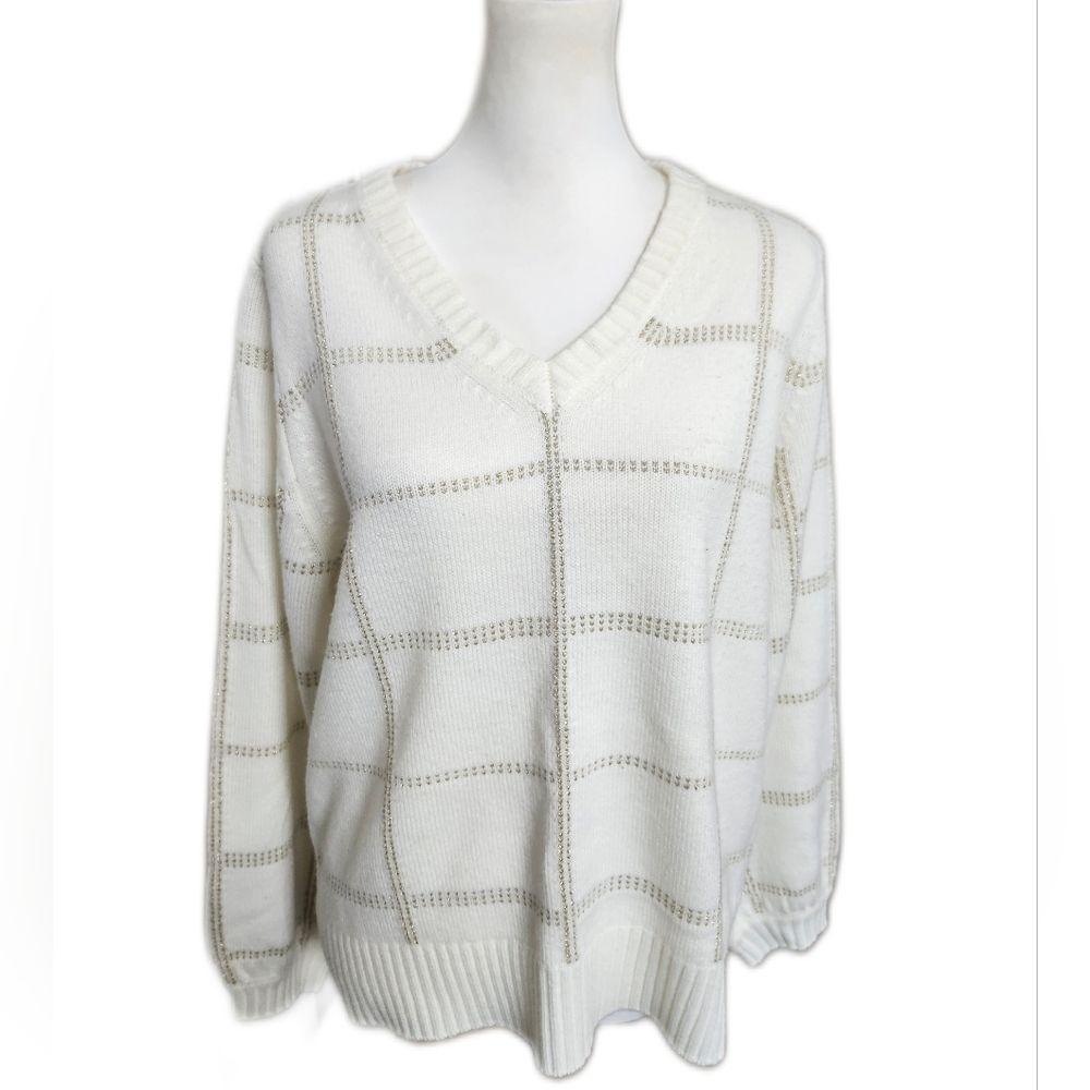 Worthington V-neck Ivory Cream Sweater With Gold Detail, L